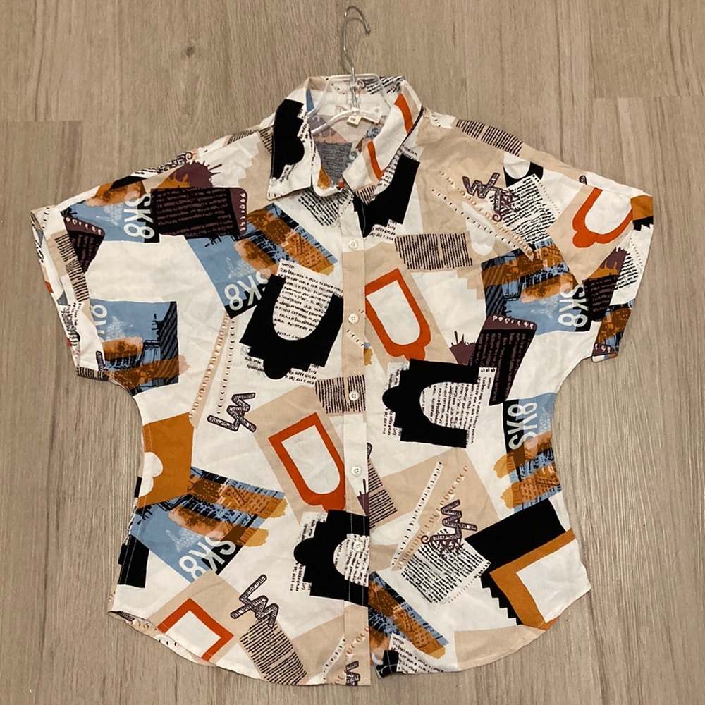 Abstract Print Short Sleeve Button Up Blouse